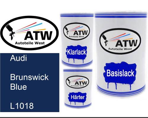 Audi, Brunswick Blue, L1018: 500ml Lackdose + 500ml Klarlack + 250ml Härter - Set, von ATW Autoteile West.